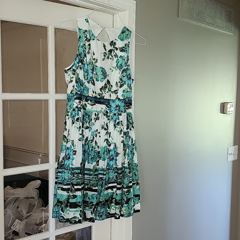 Teal, cream, light blue floral dress 10